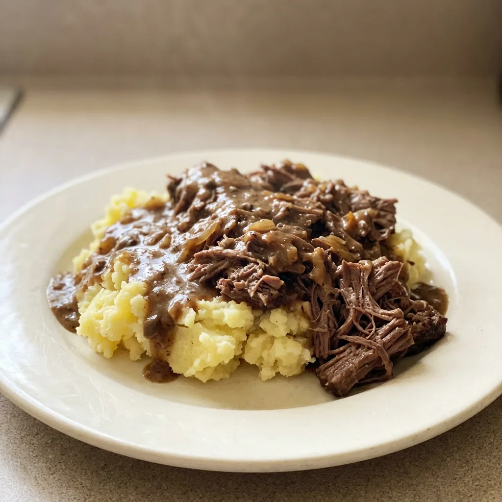 Top-down look at three beef short ribs in a glossy brown sauce with visible mushroom slices and onion flakes.