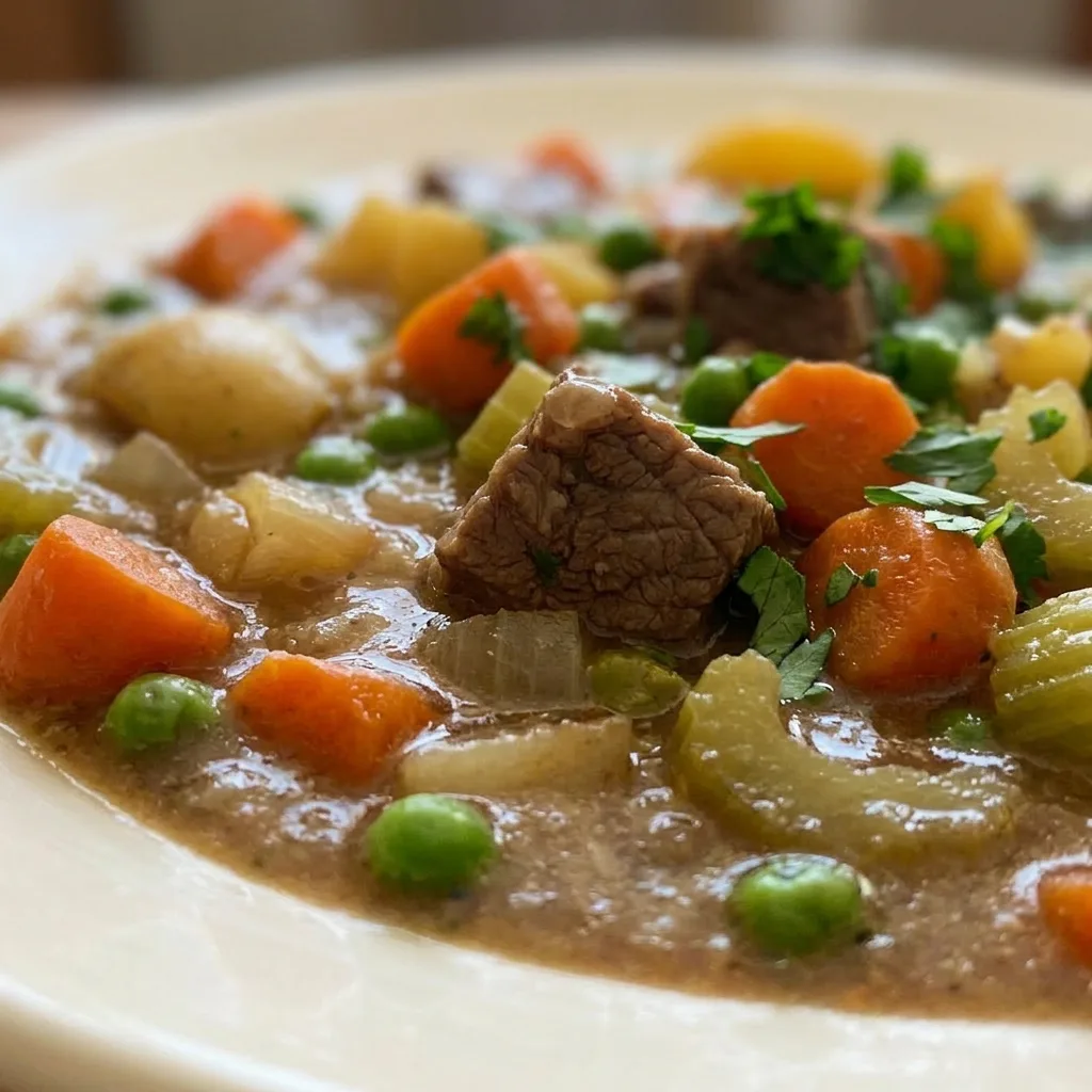 Up close, a spoonful of beef stew showing tender beef, carrot, potato, and peas in a rich broth.
