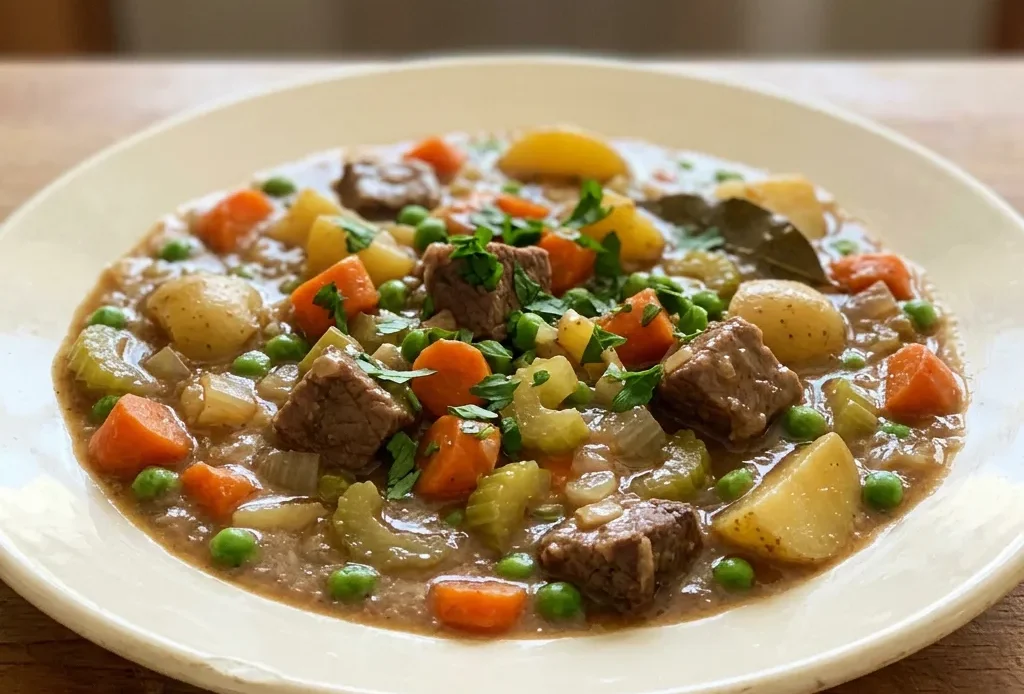 Looking down at a bowl of beef stew with chunks of beef, carrots, potatoes, peas, and celery in a brown broth.