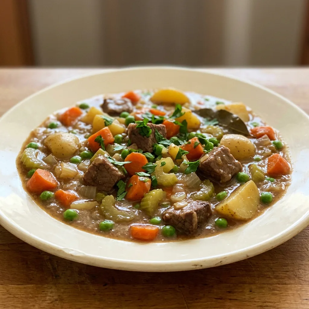 Looking down at a bowl of beef stew with chunks of beef, carrots, potatoes, peas, and celery in a brown broth.