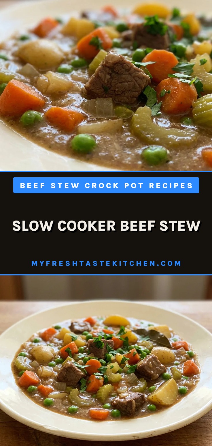 Slow cooker beef stew with chunks of beef, carrots, potatoes, and peas in a rich brown broth.