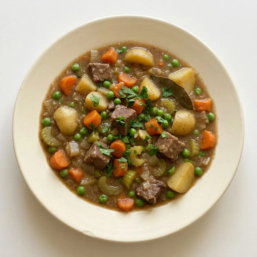 A plate of beef stew with beef, carrots, potatoes, peas, onion, and celery in a dark broth.