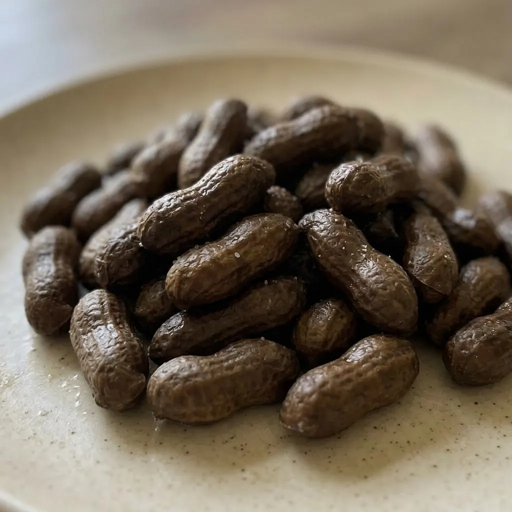 Up close, a boiled peanut with a cracked shell shows the soft, brine-soaked nut inside, surrounded by salt grains.