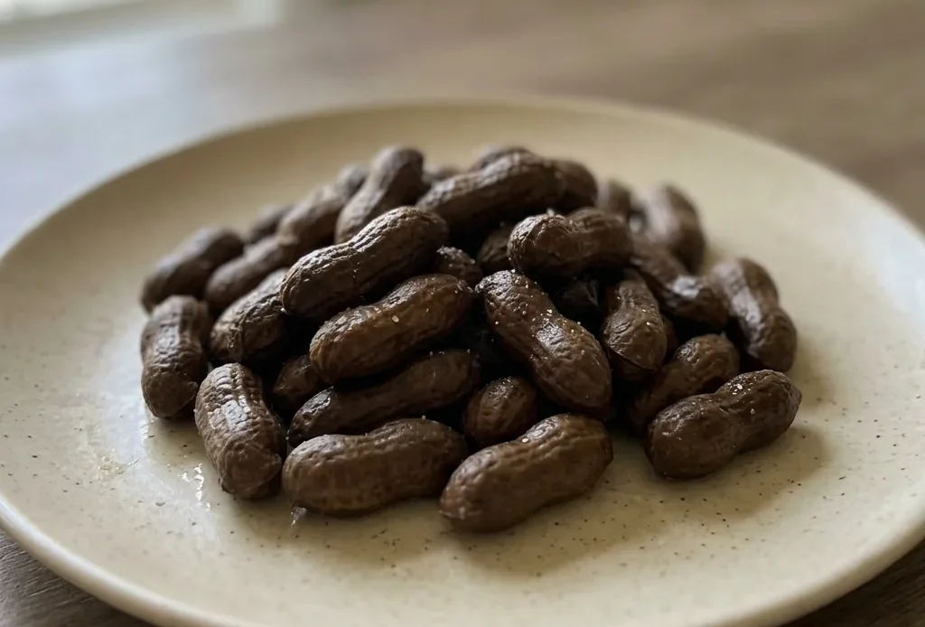 Looking down at a pile of boiled peanuts in their shells, some split open revealing the nuts, with salt crystals scattered on top.