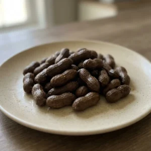 Looking down at a pile of boiled peanuts in their shells, some split open revealing the nuts, with salt crystals scattered on top.