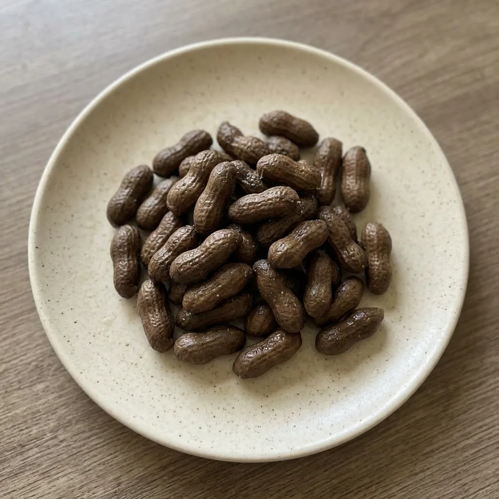 A plate of boiled peanuts in the shell, glistening with moisture, with visible salt specks on the shells.