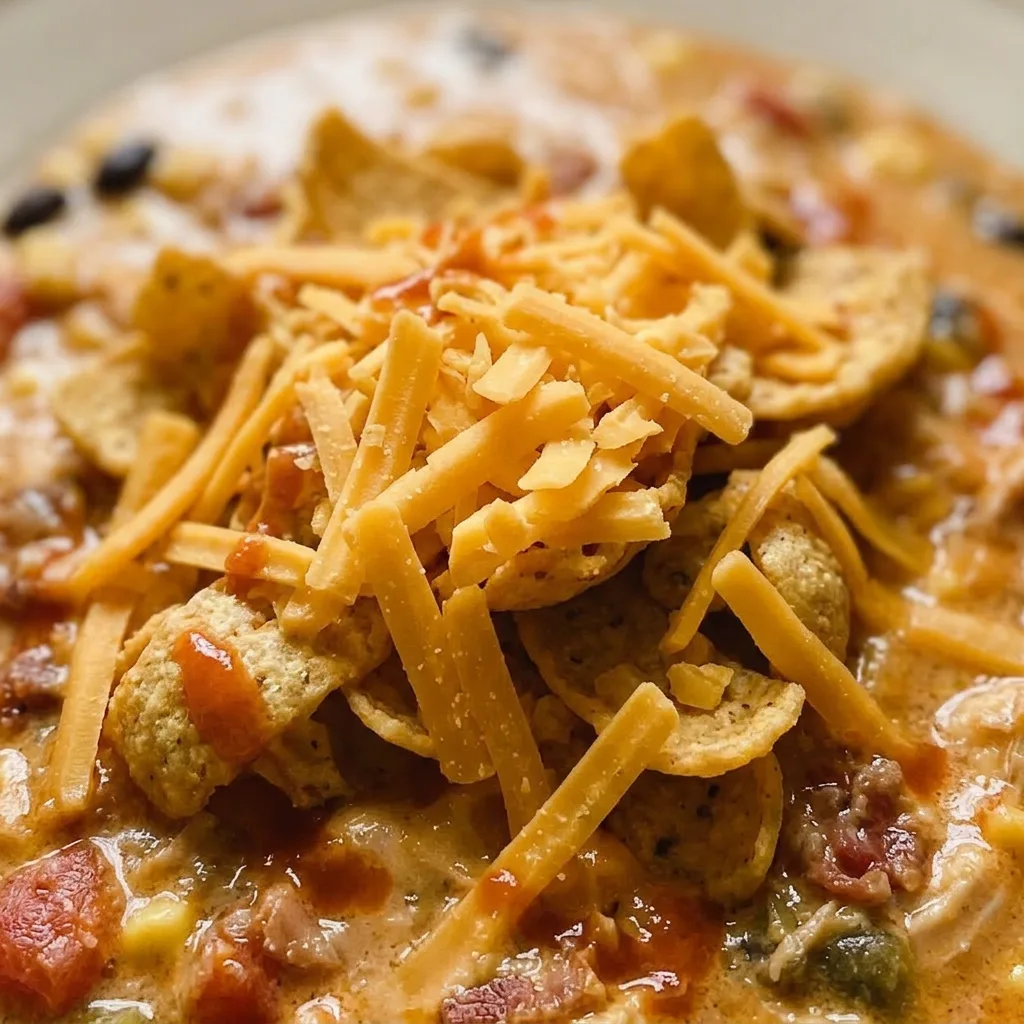 Zoomed in on a spoonful of chili with chicken, black beans, corn, and melted cheese, with bacon bits on top.