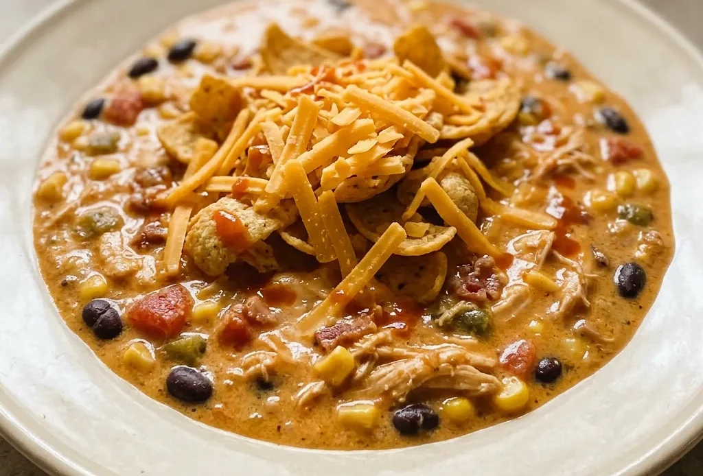 Bird's-eye view of a chili topped with shredded cheddar, crumbled bacon, and cream cheese in a white bowl.