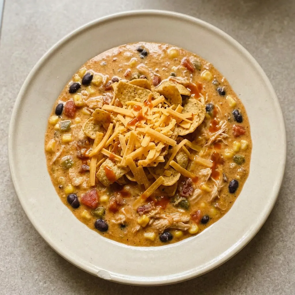 Ready to serve: a bowl of chili garnished with shredded cheddar, bacon, and a dollop of cream cheese.
