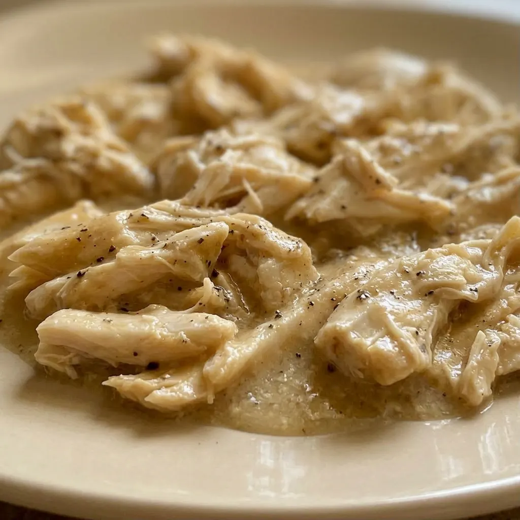 Close view of chicken breast with thick gravy, sour cream swirls, and garlic powder flecks.