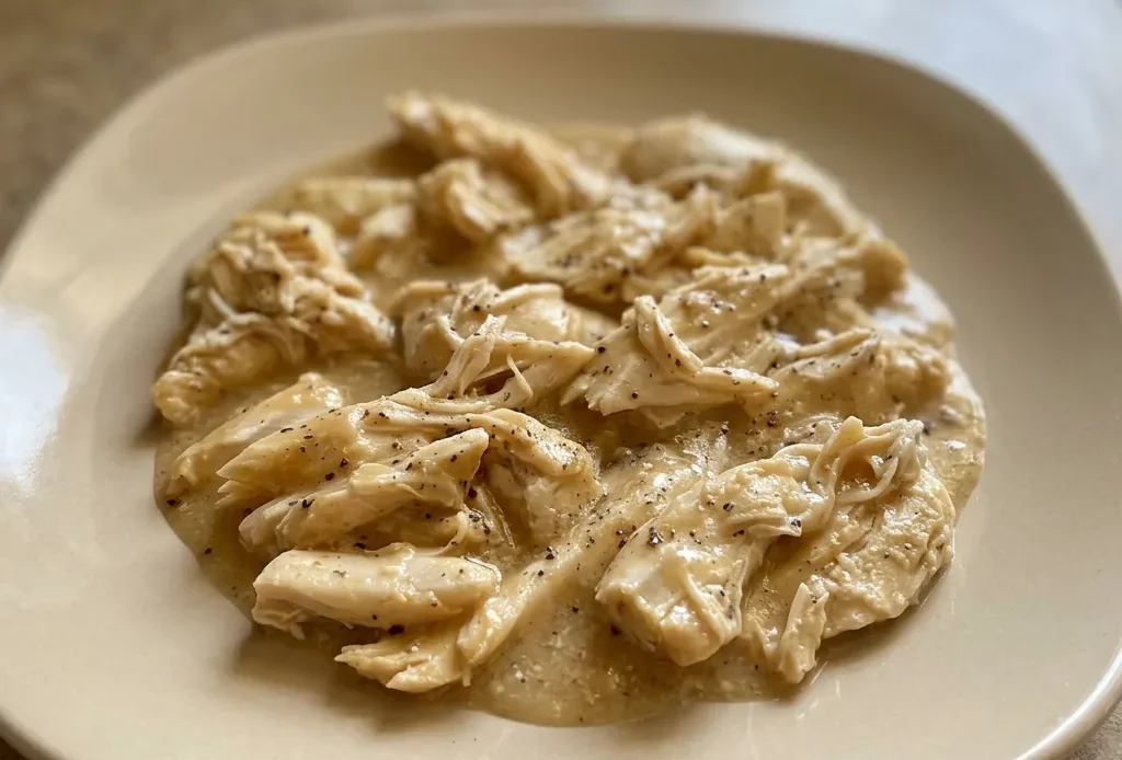 Overhead shot of chicken breast covered in creamy gravy with paprika specks.
