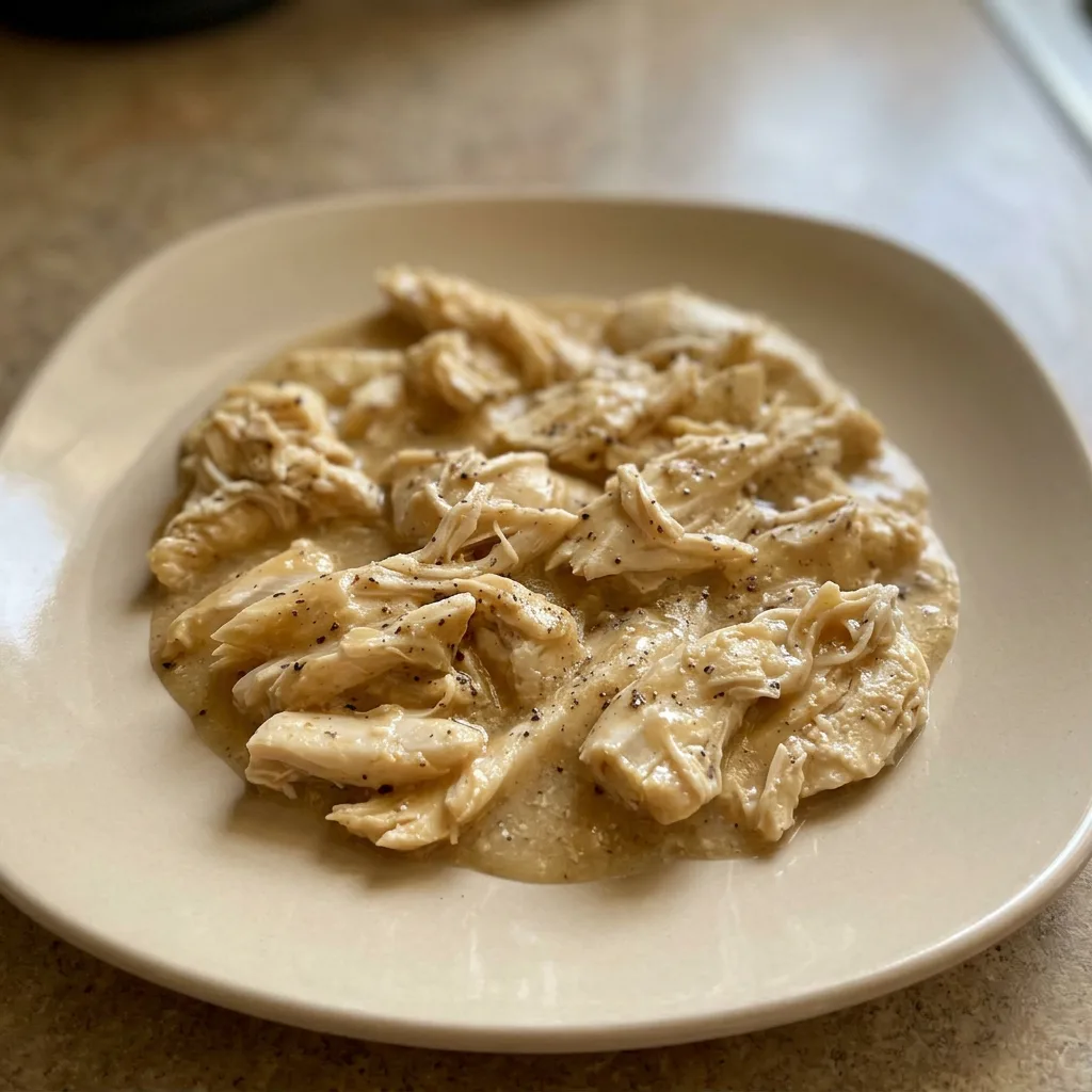 Overhead shot of chicken breast covered in creamy gravy with paprika specks.