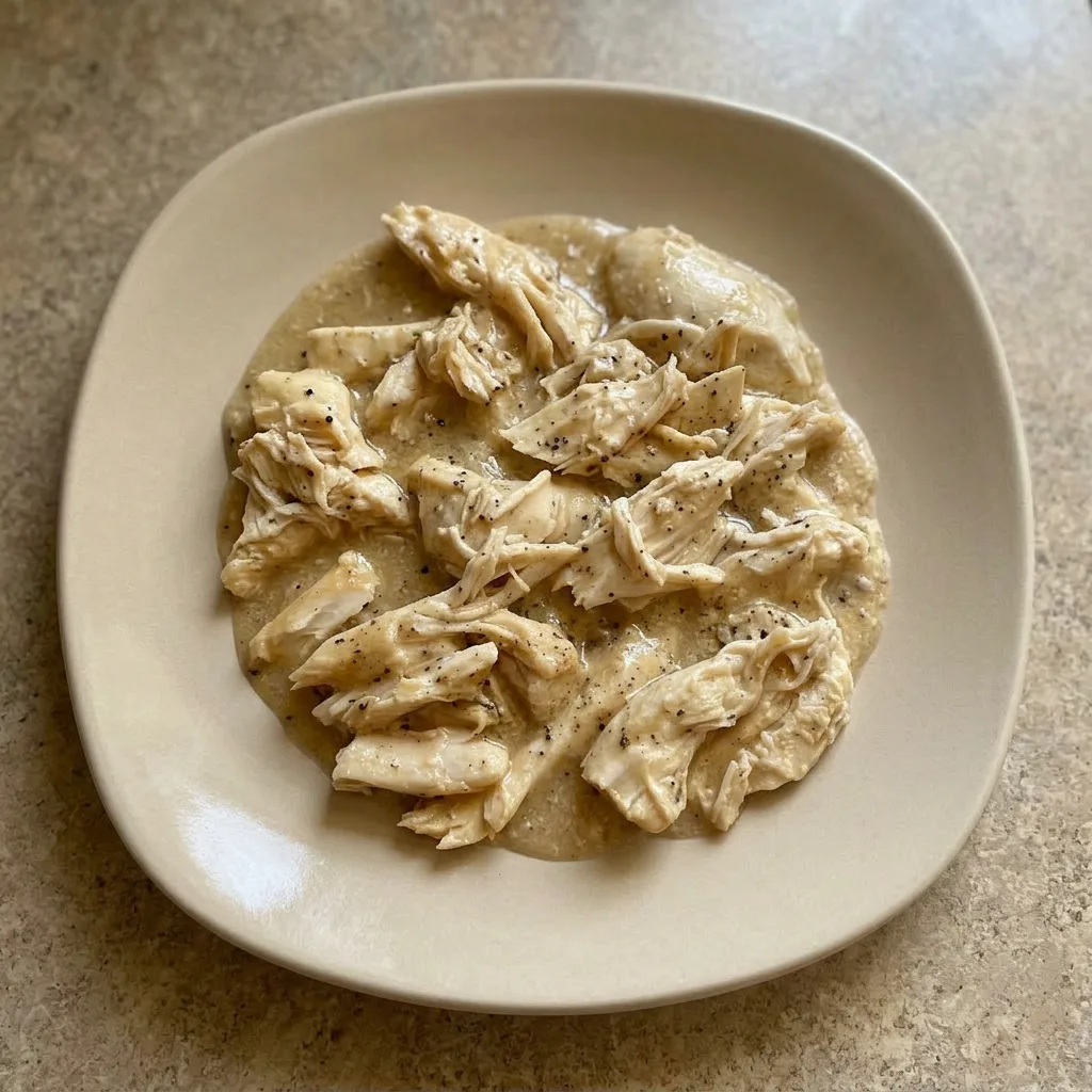 Plated chicken breast with gravy and visible paprika and garlic powder toppings.
