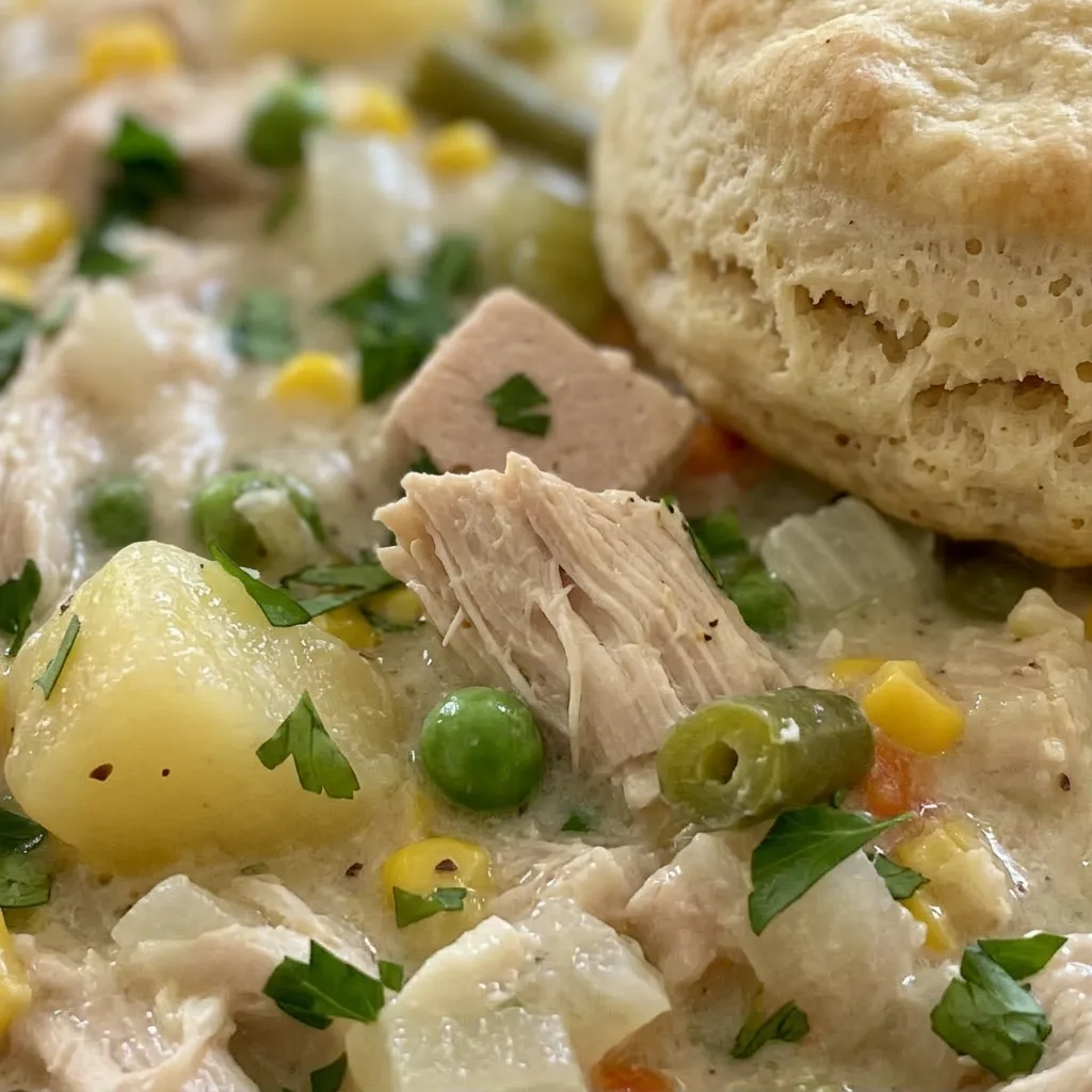 Macro detail of a biscuit topping with visible chicken, potato, carrot, pea, and corn pieces in cream sauce.