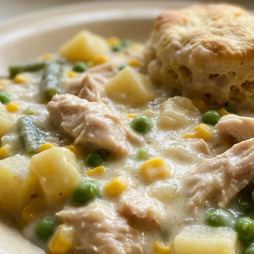 Close view of chicken pot pie showing a biscuit topping, chunks of chicken, potatoes, and mixed vegetables in creamy sauce.