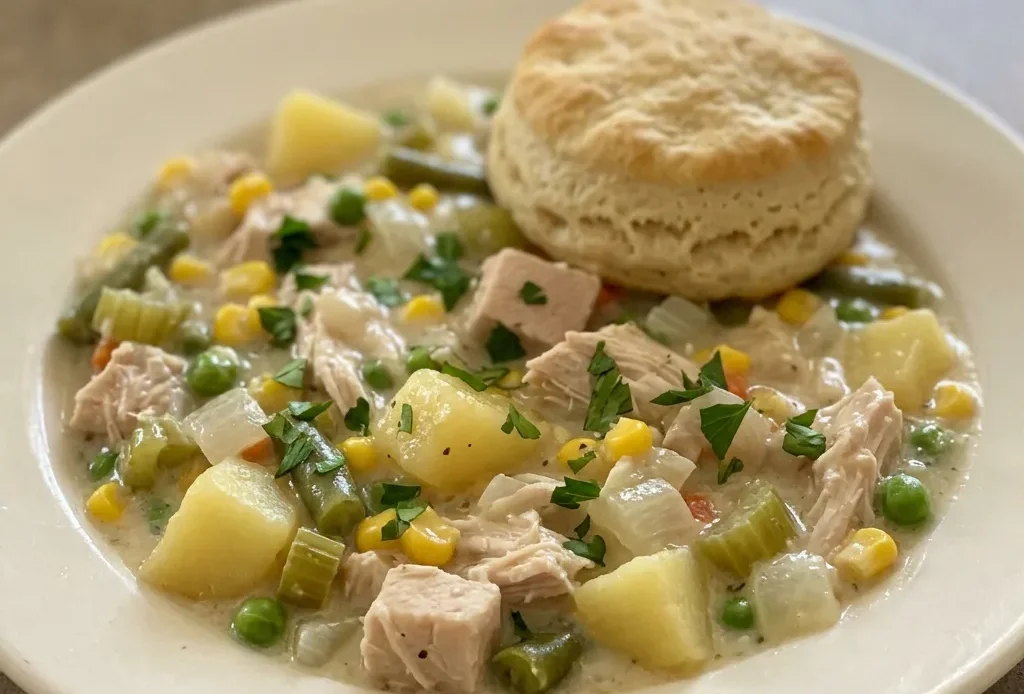 Top-down look at a round dish with biscuits, chicken, potatoes, carrots, peas, and corn in creamy sauce.