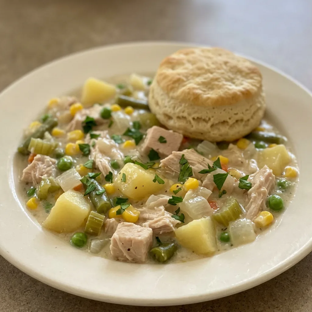 Top-down look at a round dish with biscuits, chicken, potatoes, carrots, peas, and corn in creamy sauce.