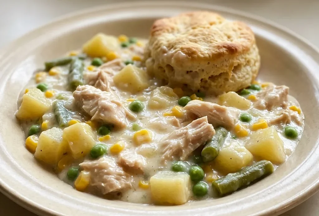 Overhead shot of chicken pot pie with biscuits, chicken, potatoes, and mixed vegetables in creamy sauce.