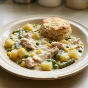 Overhead shot of chicken pot pie with biscuits, chicken, potatoes, and mixed vegetables in creamy sauce.