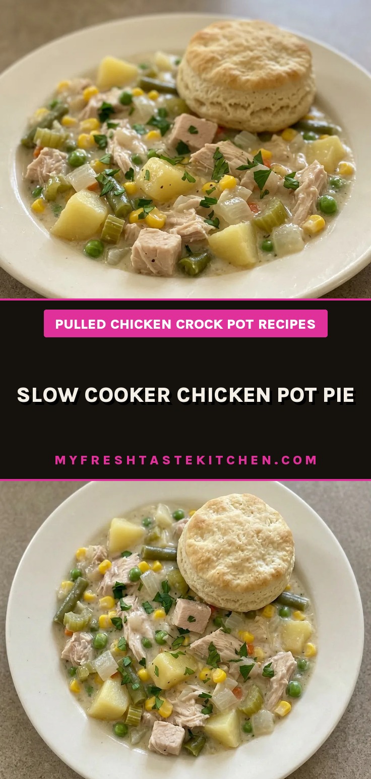 Top-down look at a round dish with biscuits, chicken, potatoes, carrots, peas, and corn in creamy sauce.