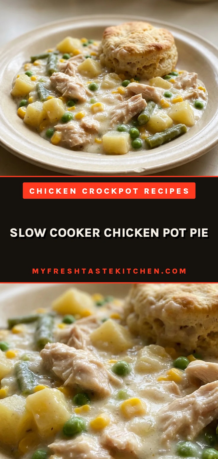 Overhead shot of chicken pot pie with biscuits, chicken, potatoes, and mixed vegetables in creamy sauce.