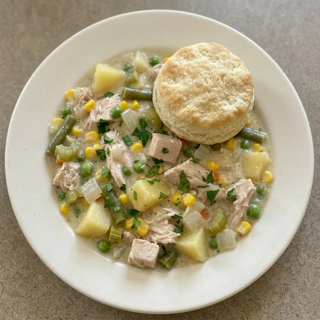 A serving of chicken pot pie with biscuits, chicken, potatoes, carrots, peas, and corn in a creamy sauce.