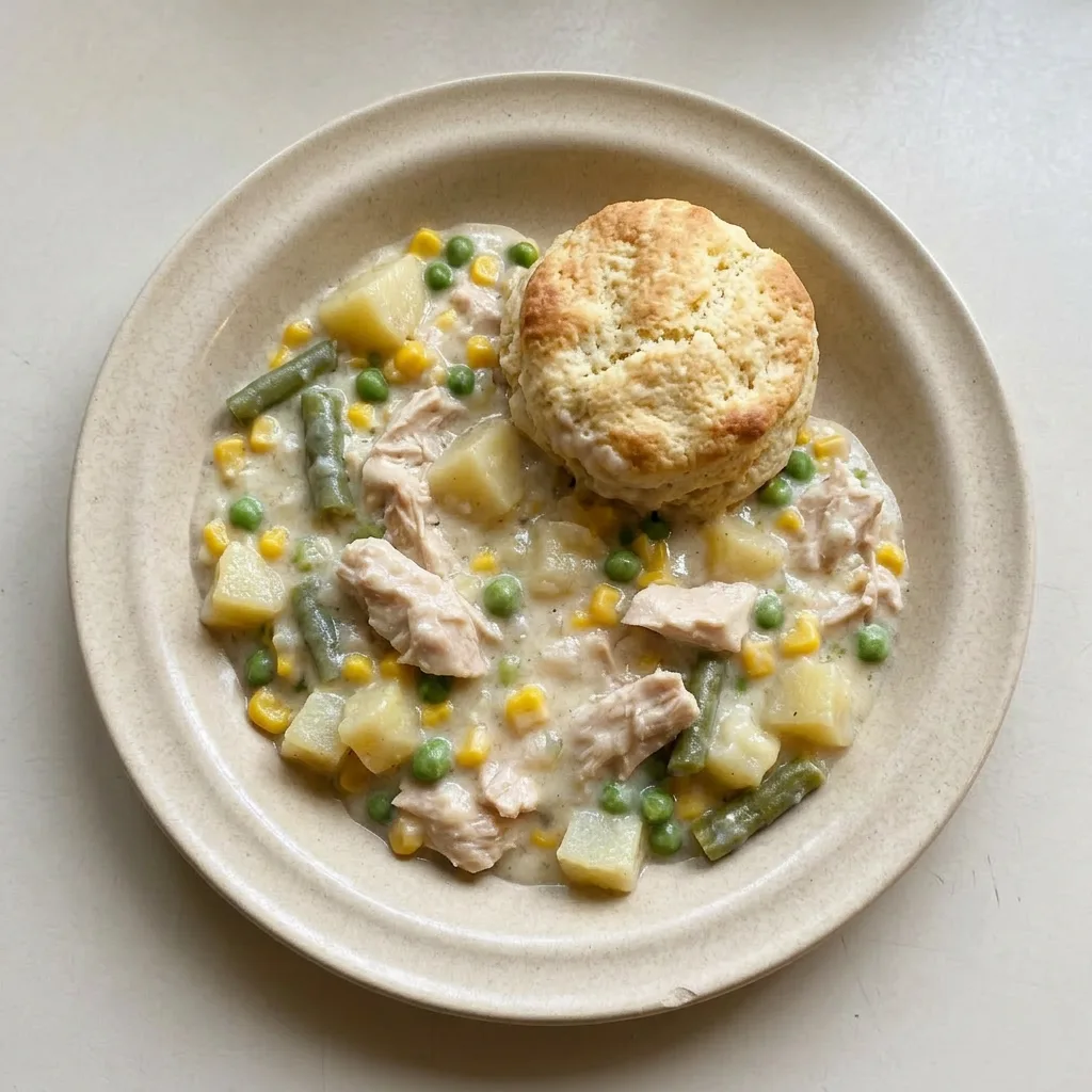 Plated chicken pot pie with biscuits, chicken, potatoes, and mixed vegetables in creamy sauce.