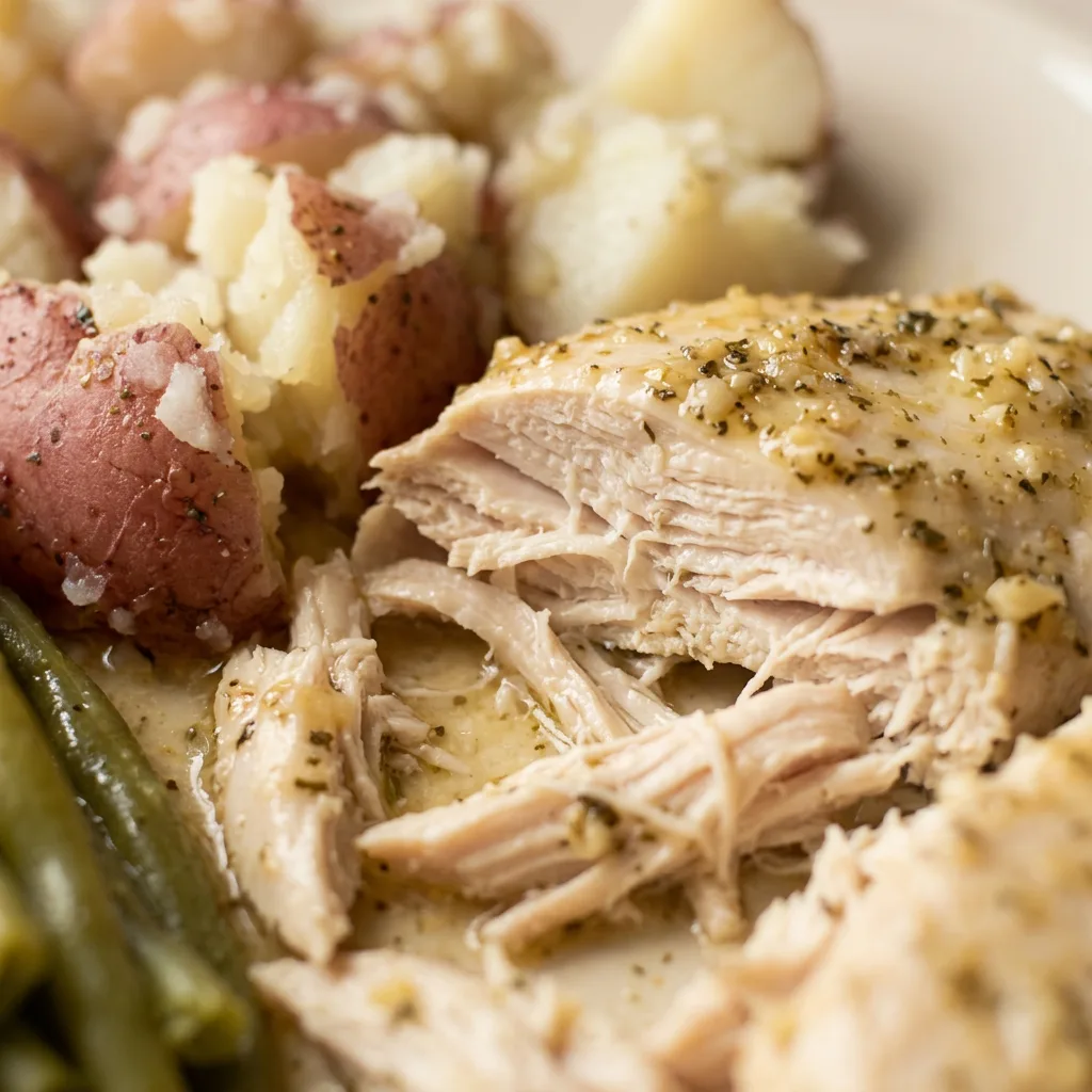 Zoomed in on a chicken thigh with crispy skin, green beans, red potatoes, and a lemon wedge, garnished with garlic and oregano.