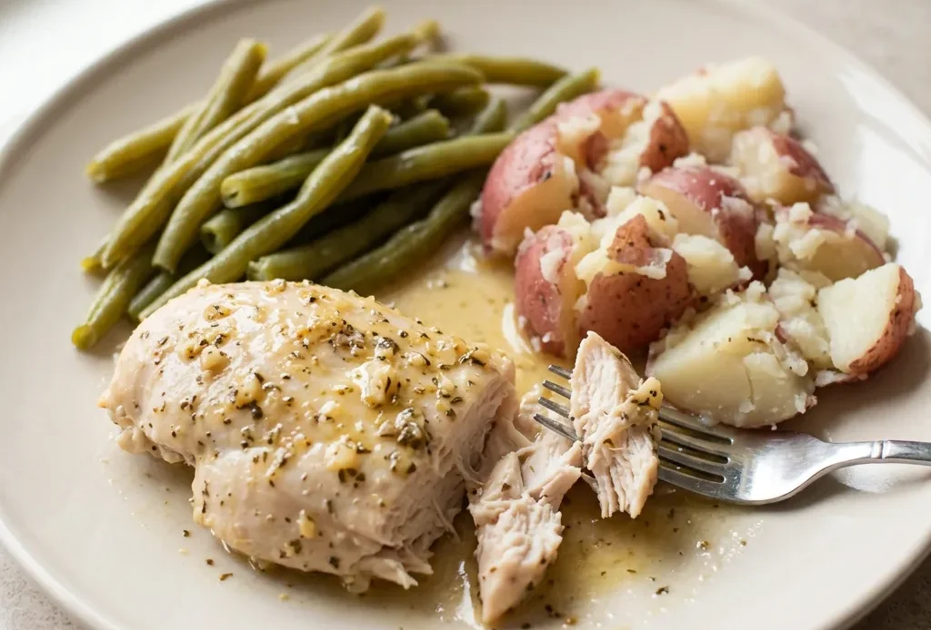 Bird's-eye view of chicken pieces, green beans, red potato halves, and lemon wedges with garlic cloves and oregano scattered on top.