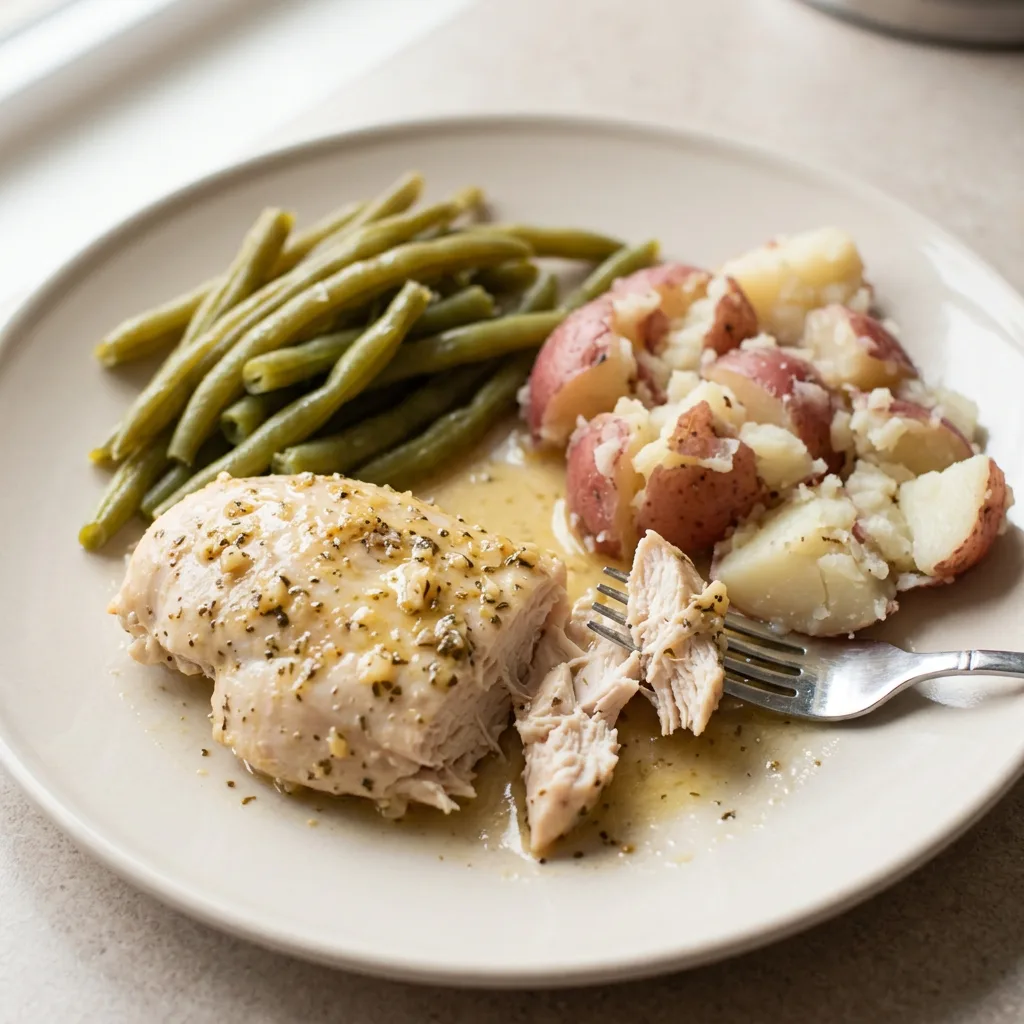 Bird's-eye view of chicken pieces, green beans, red potato halves, and lemon wedges with garlic cloves and oregano scattered on top.