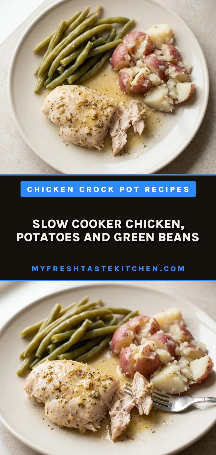 Bird's-eye view of chicken pieces, green beans, red potato halves, and lemon wedges with garlic cloves and oregano scattered on top.