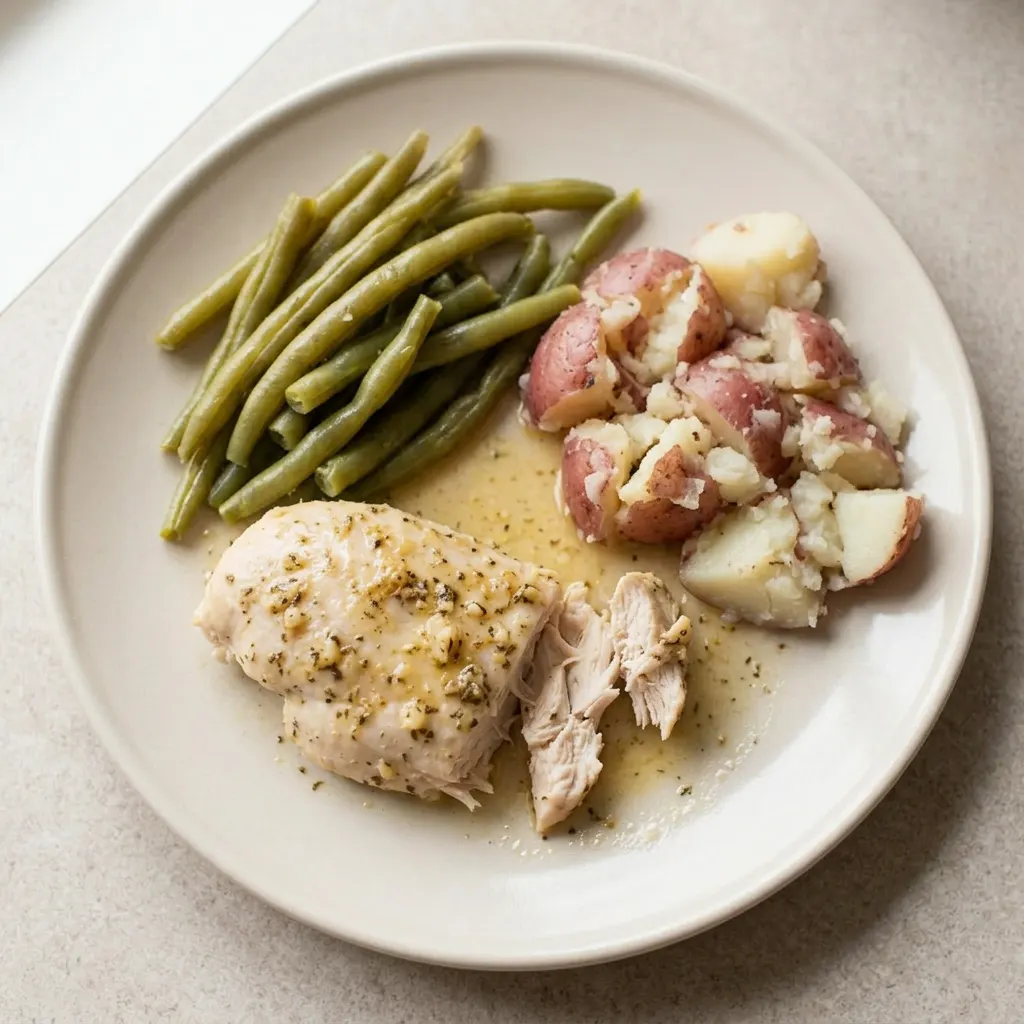 Ready to serve: chicken drumstick and thigh with green beans, red potatoes, lemon wedges, garlic, and oregano.