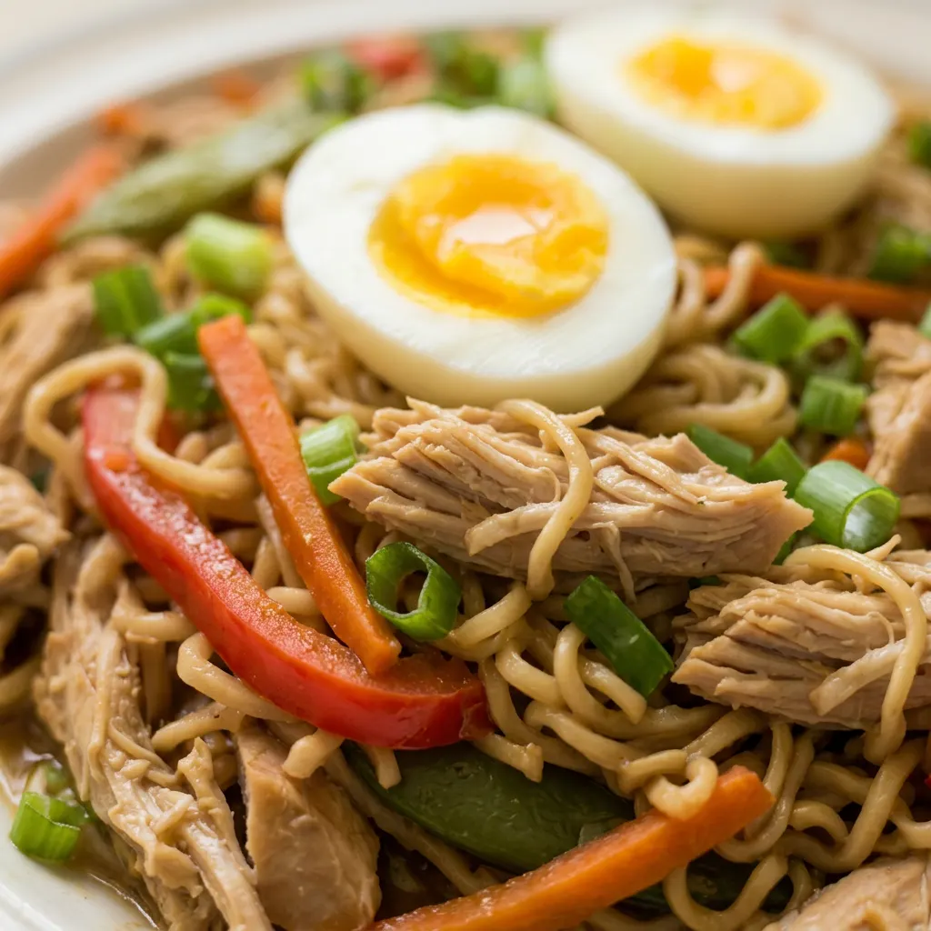 Up close, a fork twirls ramen noodles in rich broth, topped with shredded chicken, carrots, and scallions.