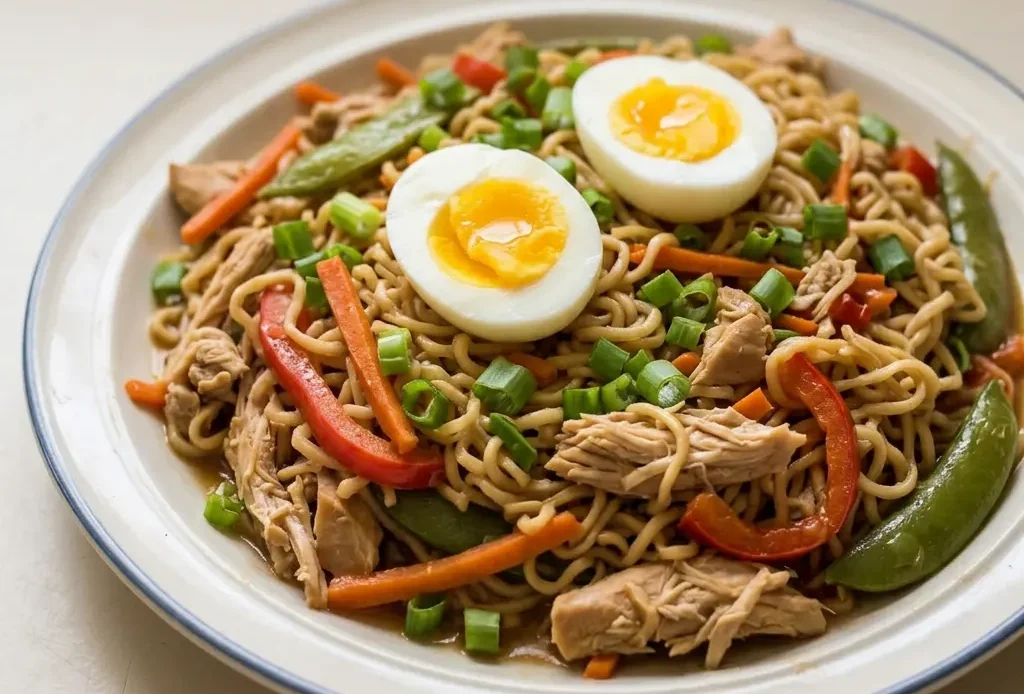 Looking down at a bowl of chicken ramen with broth, noodles, chicken thighs, carrots, red bell pepper, sugar snap peas, and scallions.