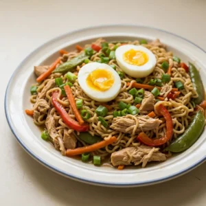 Looking down at a bowl of chicken ramen with broth, noodles, chicken thighs, carrots, red bell pepper, sugar snap peas, and scallions.