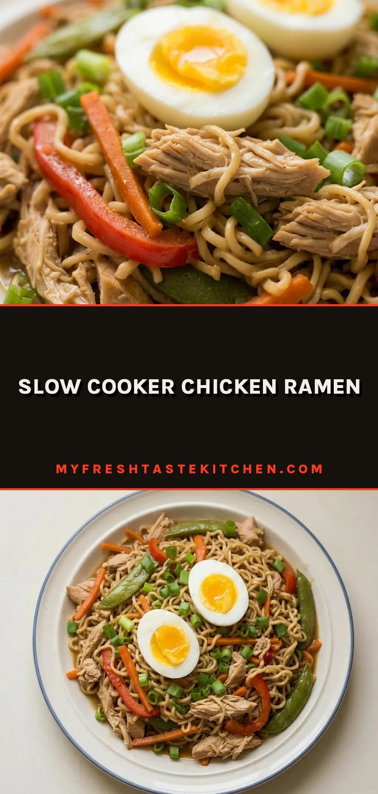 Looking down at a bowl of chicken ramen with broth, noodles, chicken thighs, carrots, red bell pepper, sugar snap peas, and scallions.