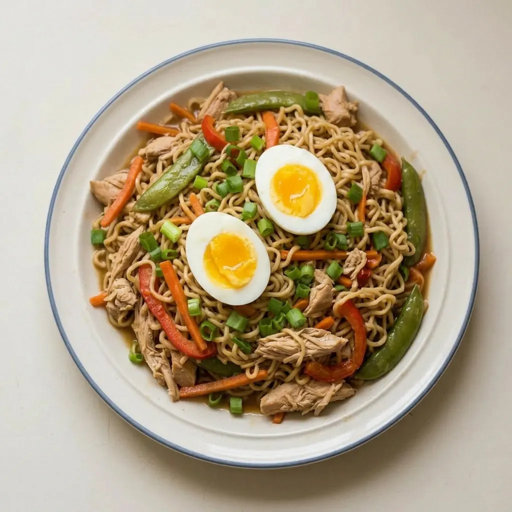 A plate of ramen noodles with chicken thighs, red bell pepper, sugar snap peas, and scallions in broth.