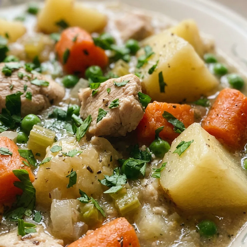 Zoomed in on a chunk of chicken, potato, and carrot in a rich tomato-based broth with visible thyme and bay leaf.