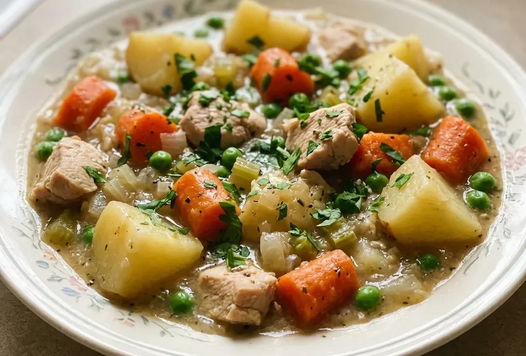 Bird's-eye view of chicken stew with potatoes, carrots, celery, and peas in thick broth, garnished with parsley.