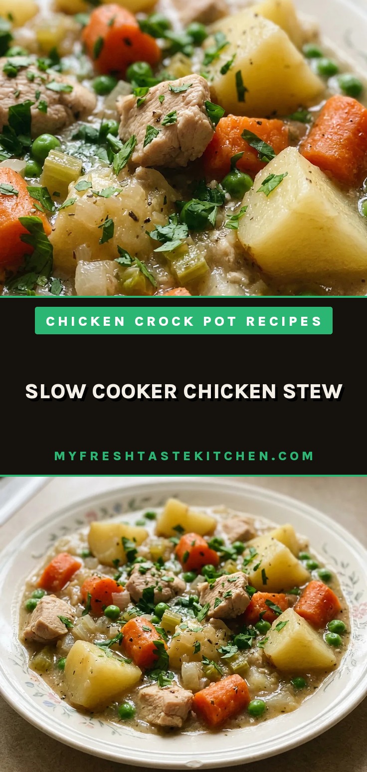 Bird's-eye view of chicken stew with potatoes, carrots, celery, and peas in thick broth, garnished with parsley.