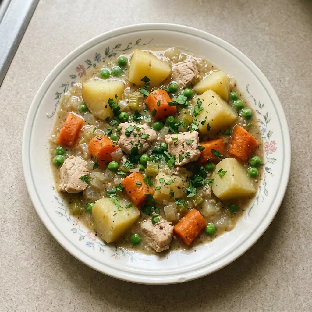 Ready to serve: a ladleful of stew with chicken, potatoes, carrots, and peas in a savory broth, topped with parsley.