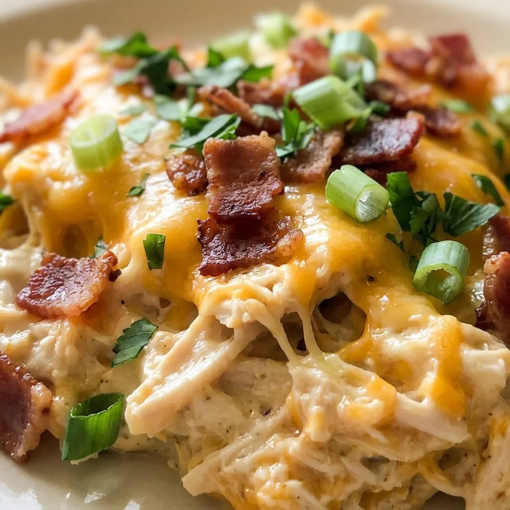 Close view of chicken pieces coated in creamy ranch sauce, topped with shredded cheddar and crumbled bacon.