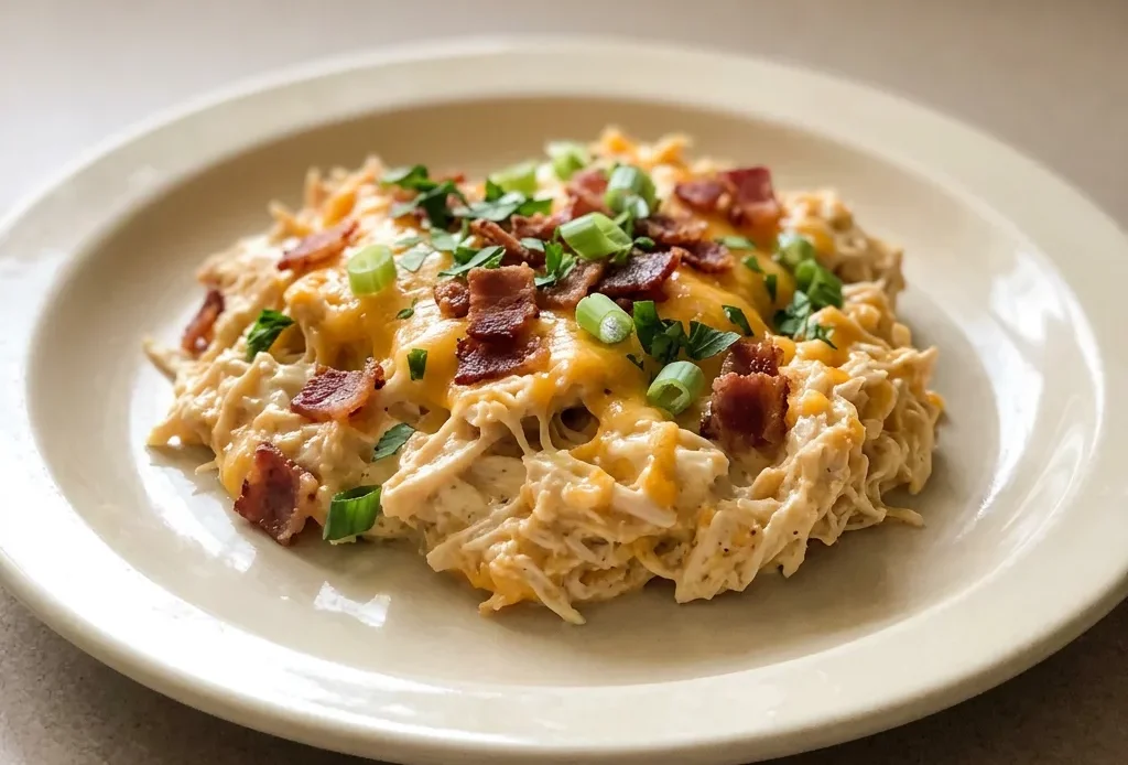 Overhead shot of shredded chicken in creamy sauce with melted cheddar, bacon bits, and cream cheese dollops.
