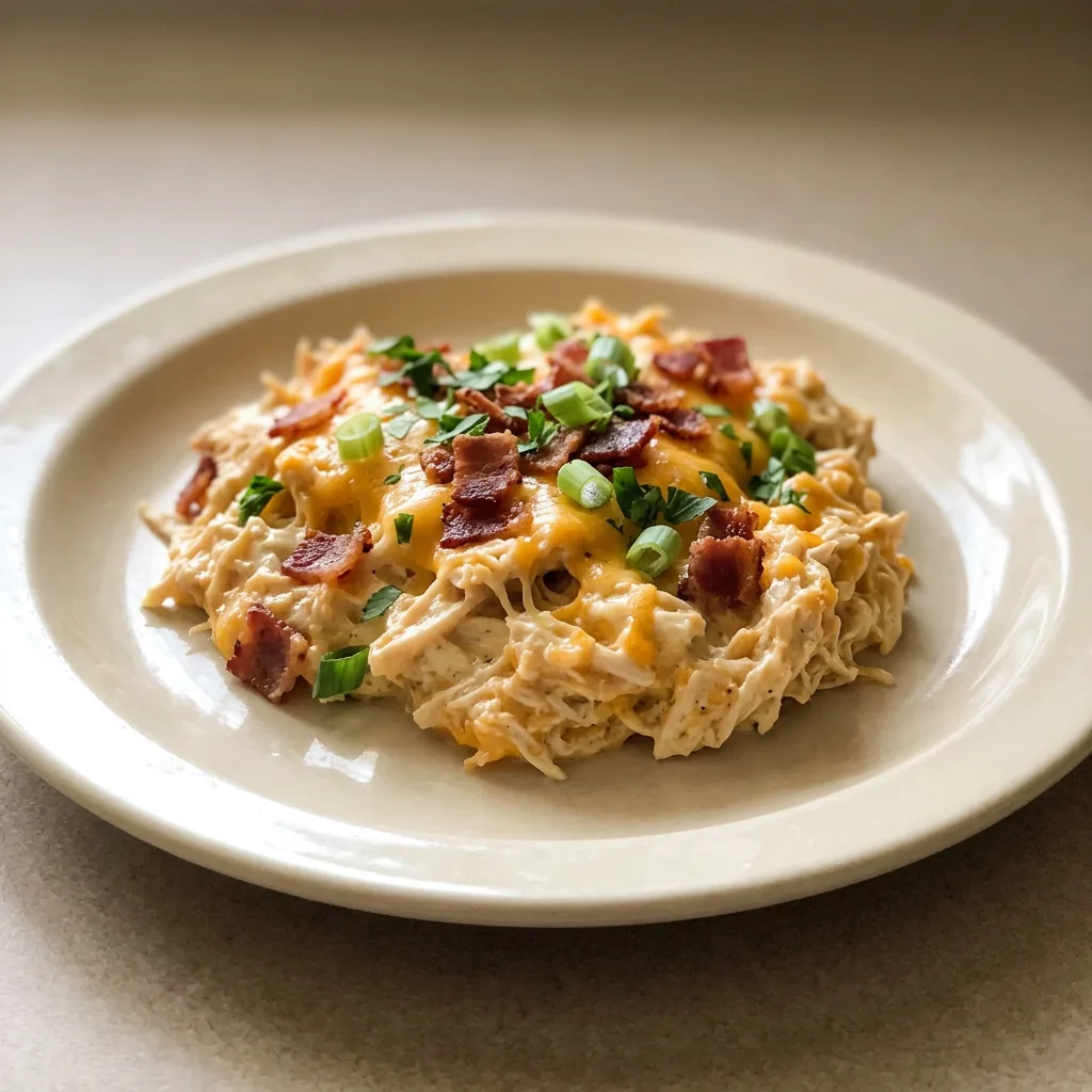 Overhead shot of shredded chicken in creamy sauce with melted cheddar, bacon bits, and cream cheese dollops.
