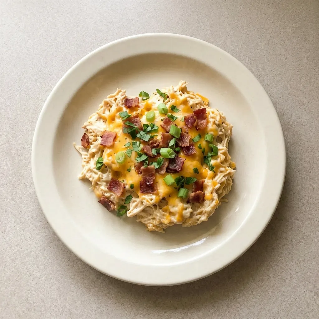 Plated serving of chicken with cream cheese, cheddar, and bacon, garnished with ranch seasoning specks.