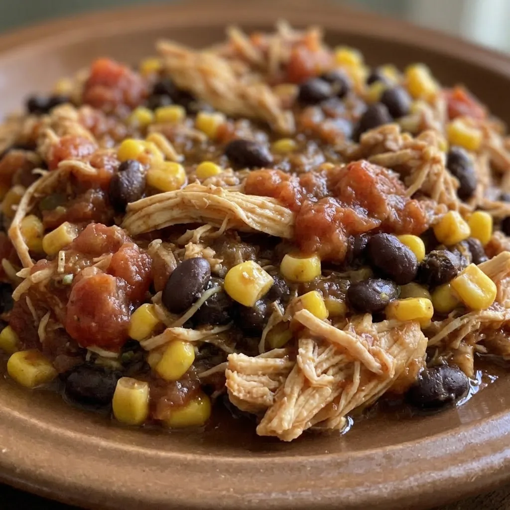 Up close, a forkful of shredded chicken with black beans and corn, coated in salsa and taco seasoning.