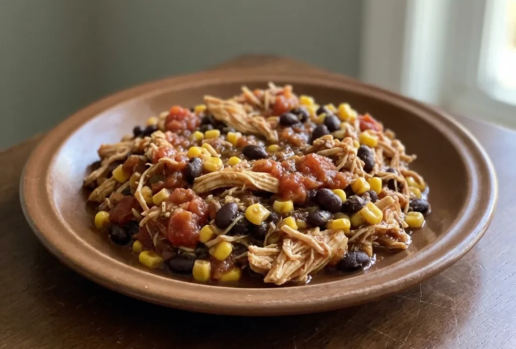 Looking down at a bowl of shredded chicken, black beans, corn, and salsa, topped with a sprinkle of taco seasoning.