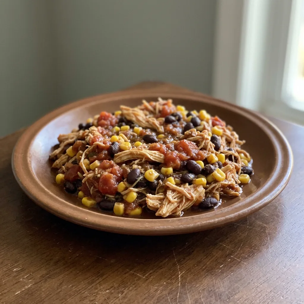 Looking down at a bowl of shredded chicken, black beans, corn, and salsa, topped with a sprinkle of taco seasoning.