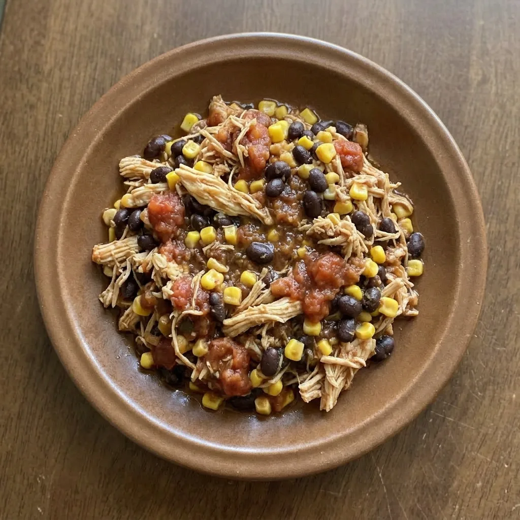 A plate of shredded chicken, black beans, and corn, mixed with salsa and taco seasoning, with a garnish of cilantro.