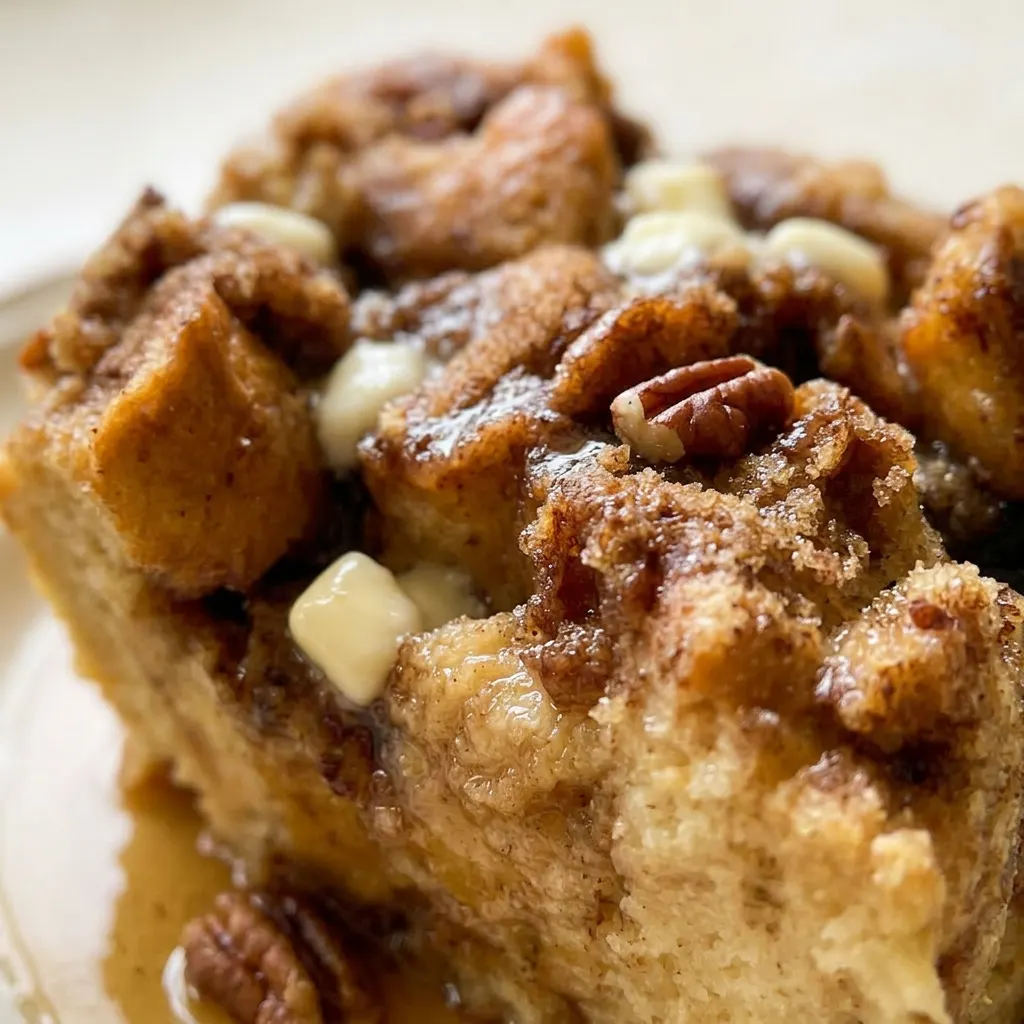 Close view of a piece of French toast casserole with visible brioche layers, cinnamon, and a butter pat melting on top.